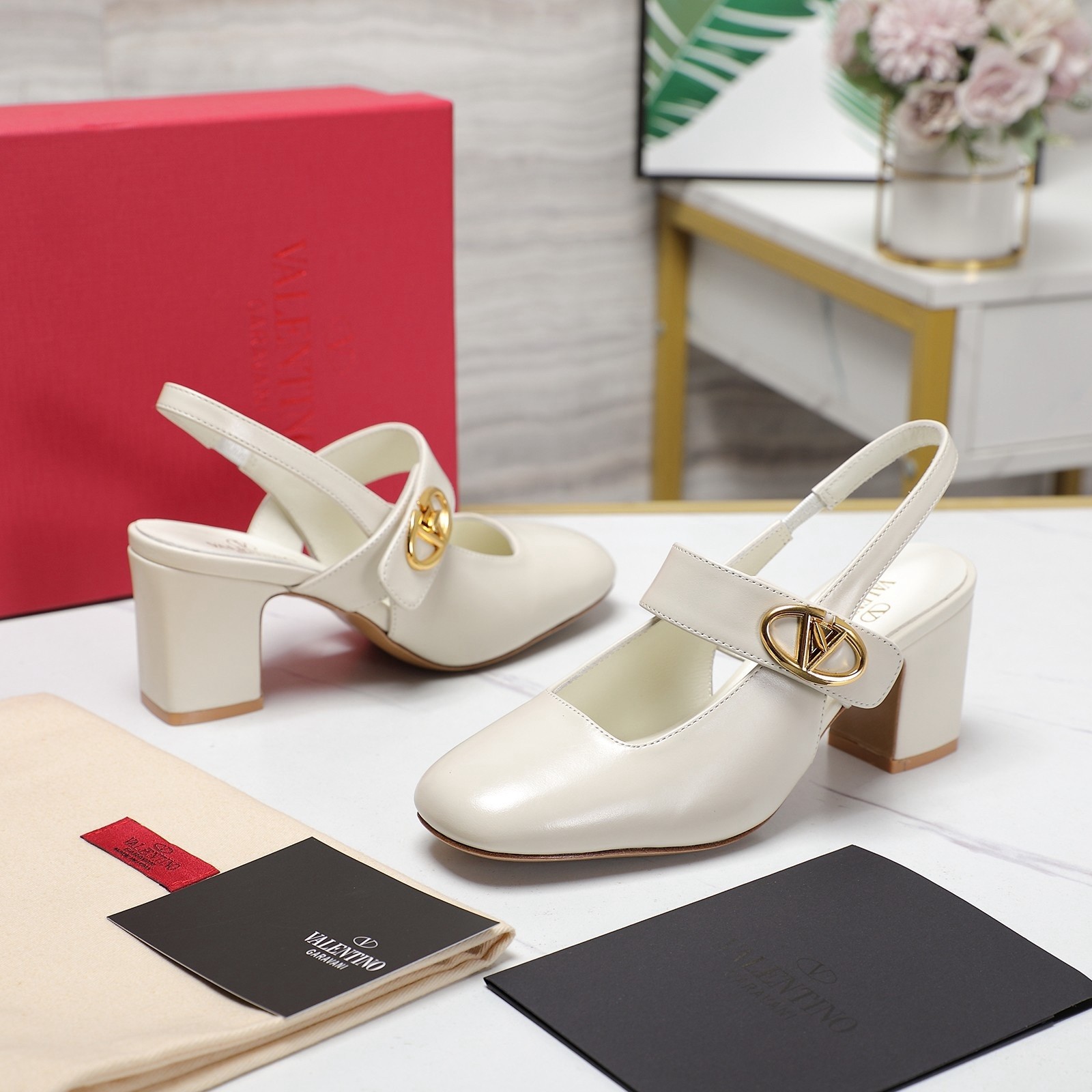 Valentino VLogo Locker Mary-Jane Slingback Pumps 60mm in White Calfskin