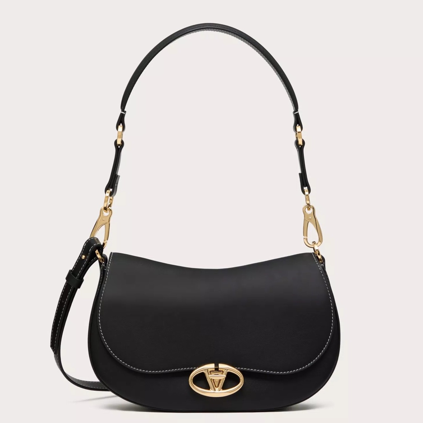 Valentino Garavani Ohval Small Shoulder Bag in Black Calfskin