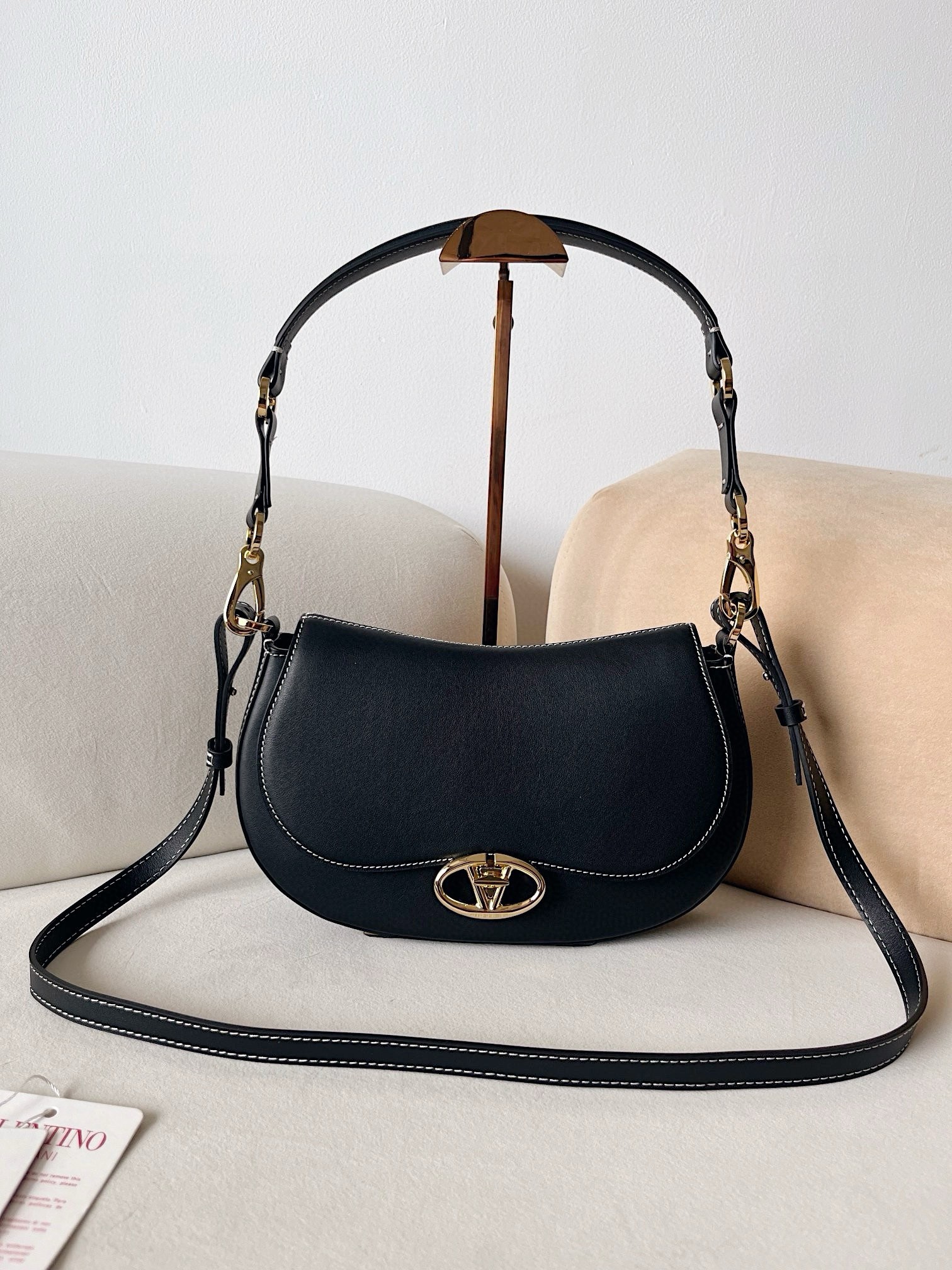 Valentino Garavani Ohval Small Shoulder Bag in Black Calfskin