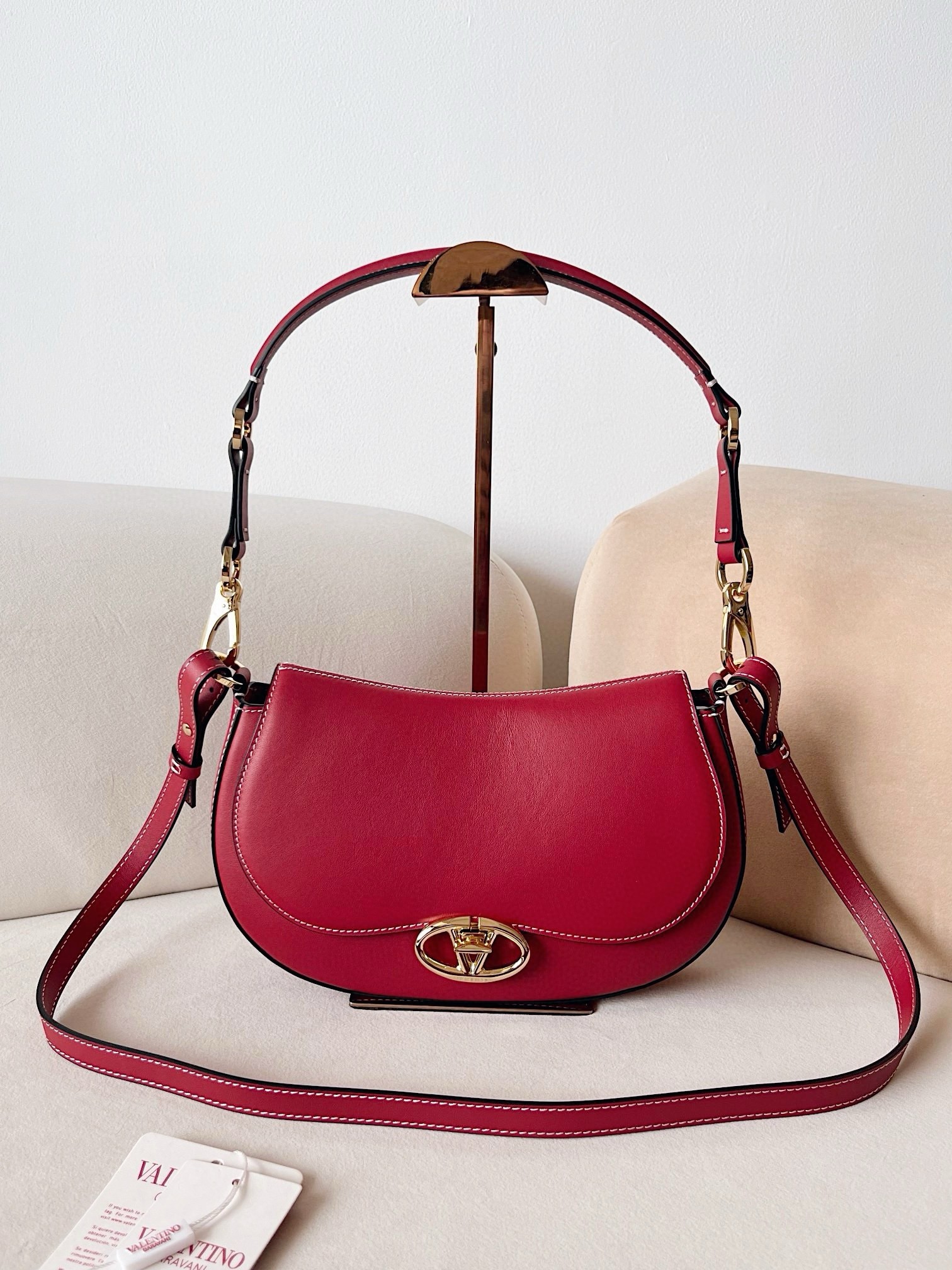 Valentino Garavani Ohval Small Shoulder Bag in Red Calfskin