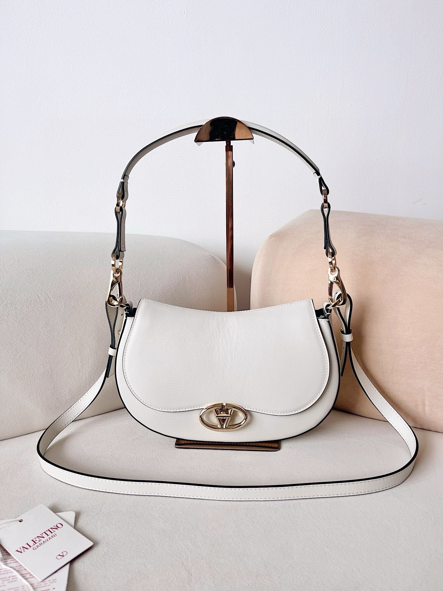 Valentino Garavani Ohval Small Shoulder Bag in White Calfskin