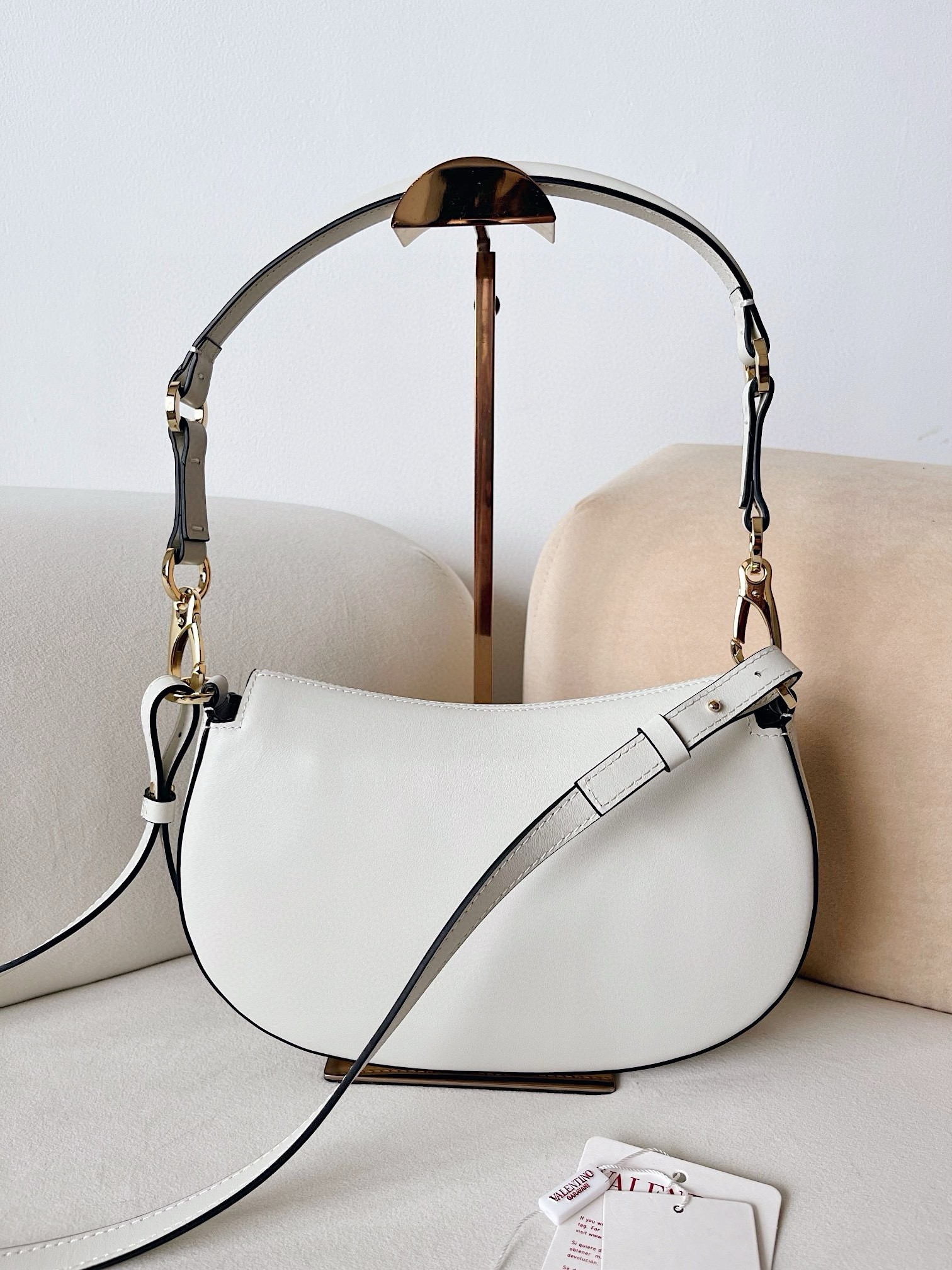 Valentino Garavani Ohval Small Shoulder Bag in White Calfskin