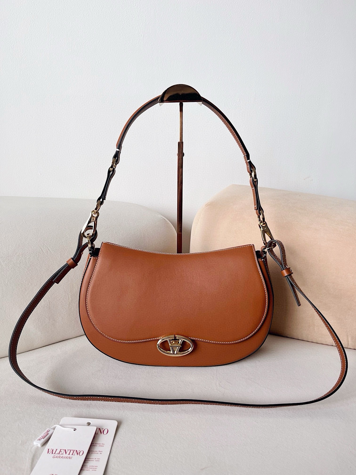 Valentino Garavani Ohval Medium Shoulder Bag in Brown Calfskin