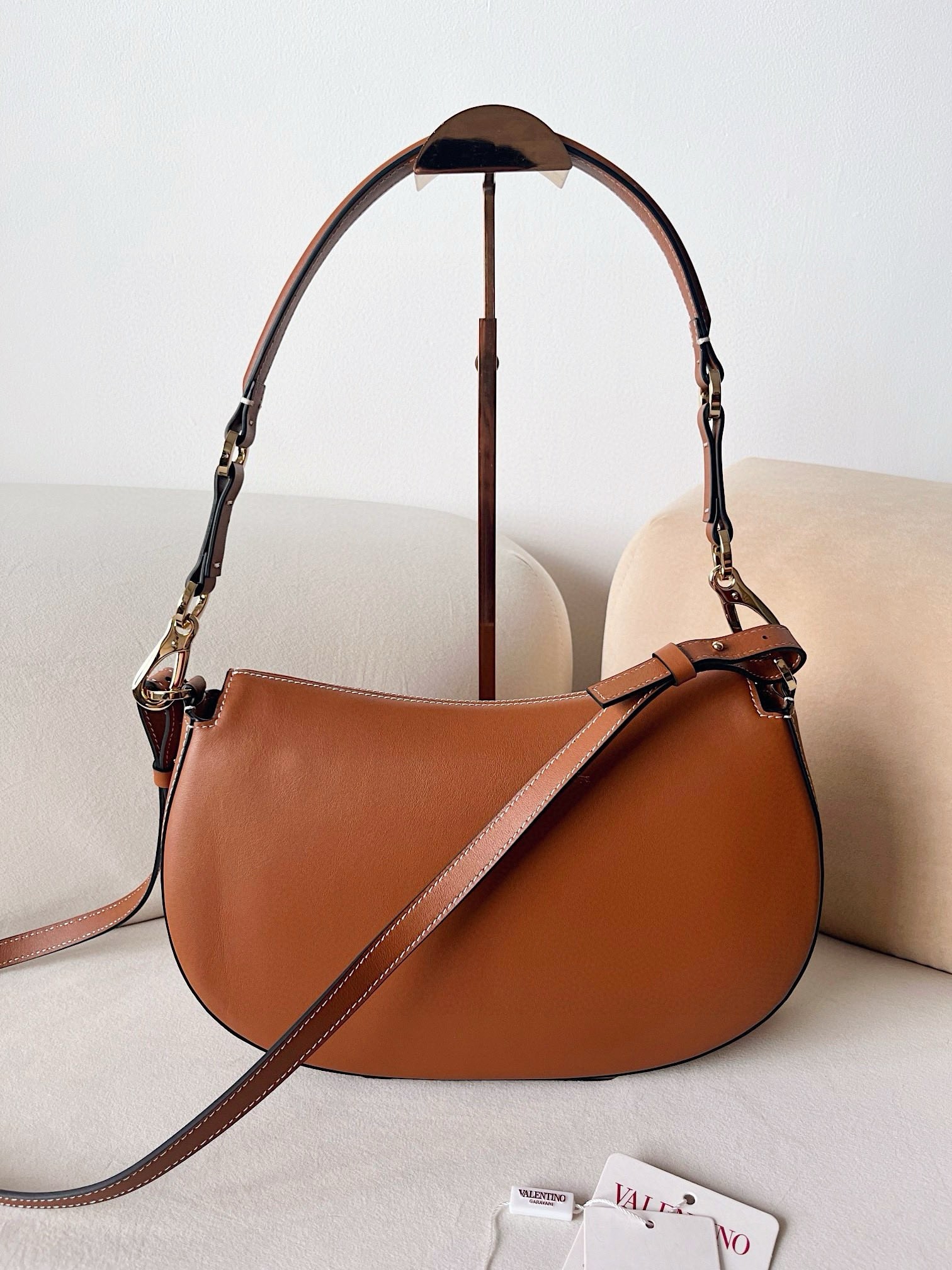 Valentino Garavani Ohval Medium Shoulder Bag in Brown Calfskin