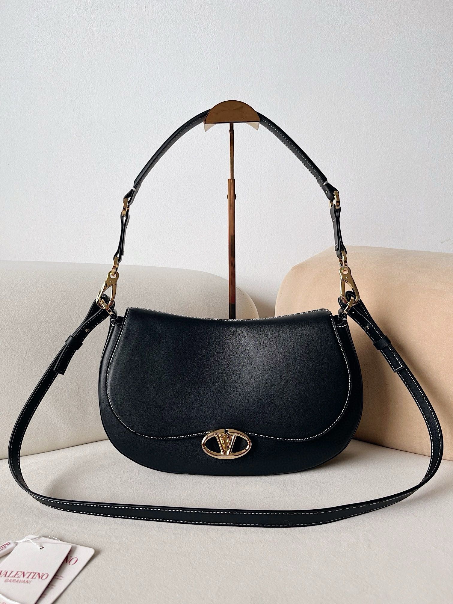 Valentino Garavani Ohval Medium Shoulder Bag in Black Calfskin