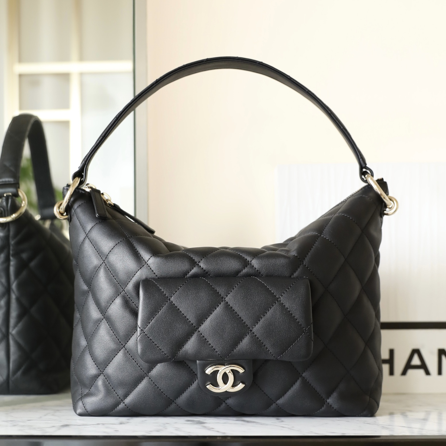 Chanel Hobo Shoulder Bag Black and Light Gold