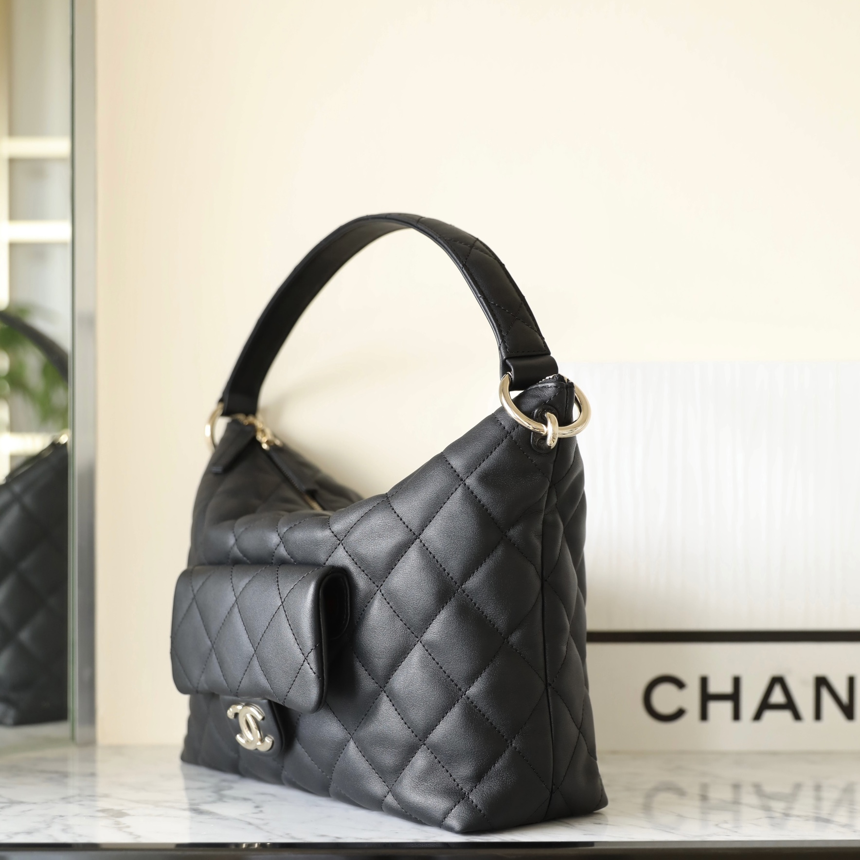 Chanel Hobo Shoulder Bag Black and Light Gold