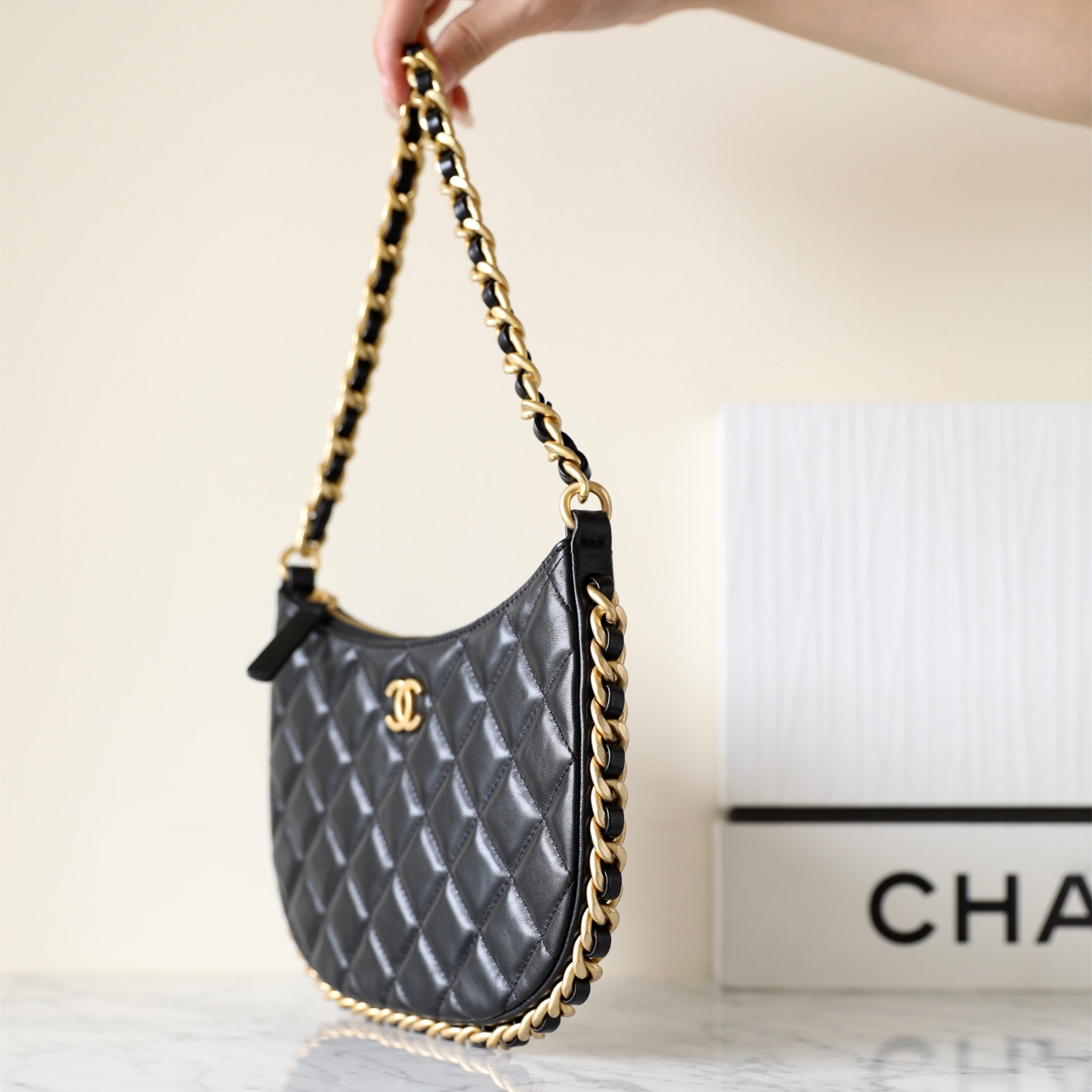 Chanel Hobo  Bag Black and Gold Small