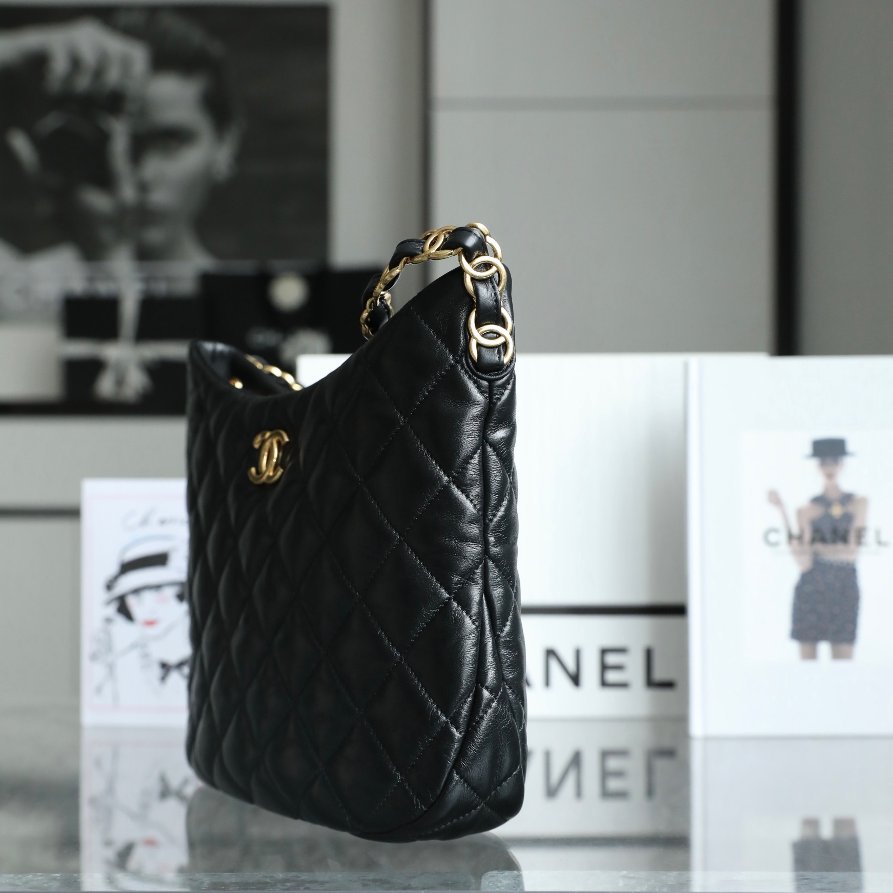 Chanel Hobo  Bag Black and Gold Large