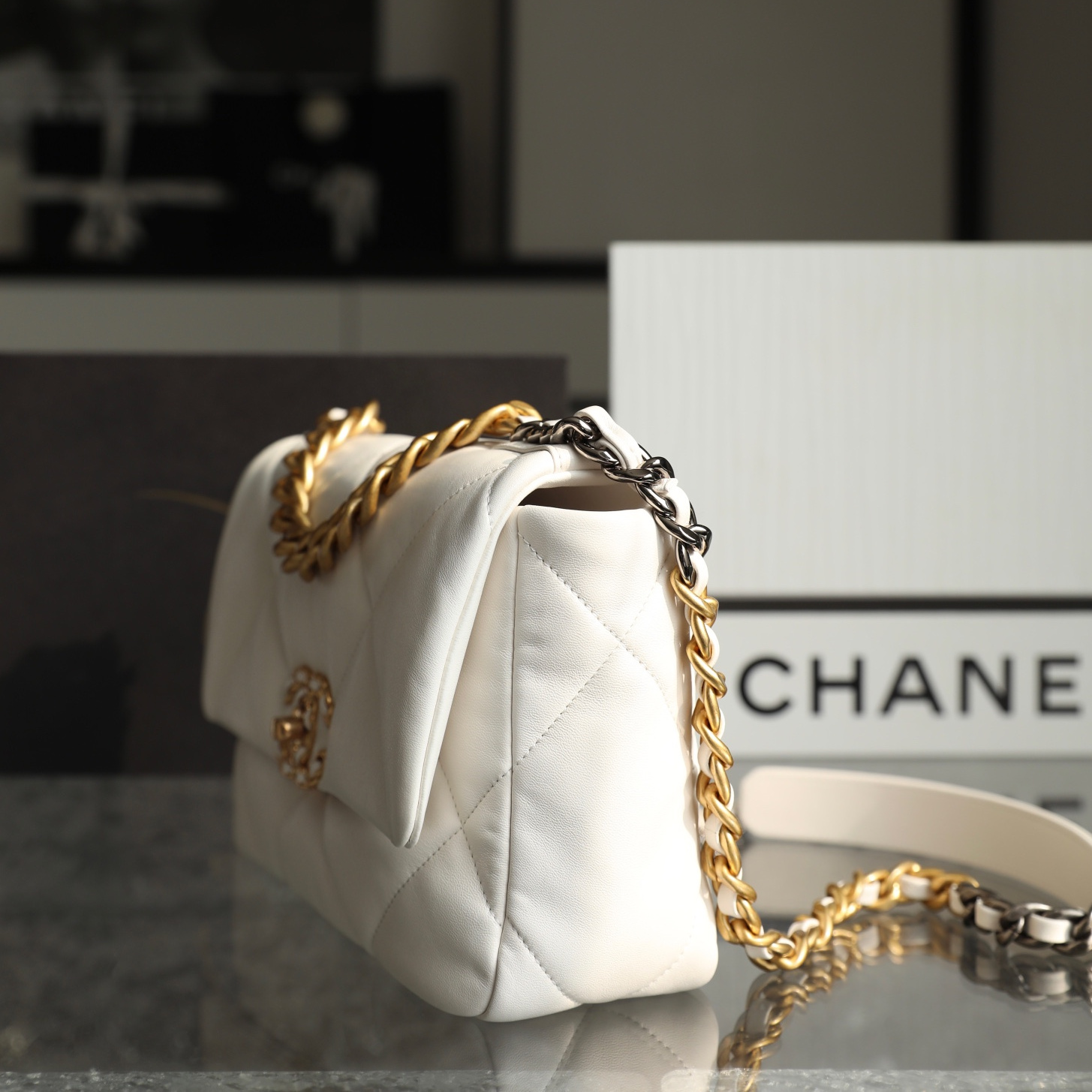 Chanel Official Website 19 Bag Lambskin Shoulder Bag White