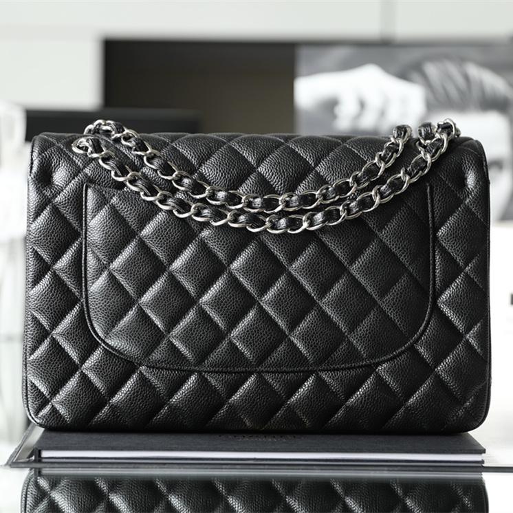 Chanel Classic Flap Bag Caviar Leather Large Black and Silver