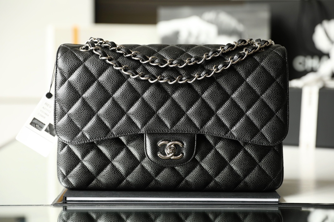 Chanel Classic Flap Bag Caviar Leather Large Black and Silver