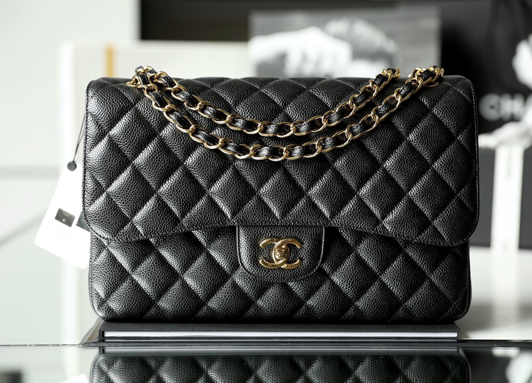 Chanel Classic Flap Bag Caviar Leather Large Black and Gold