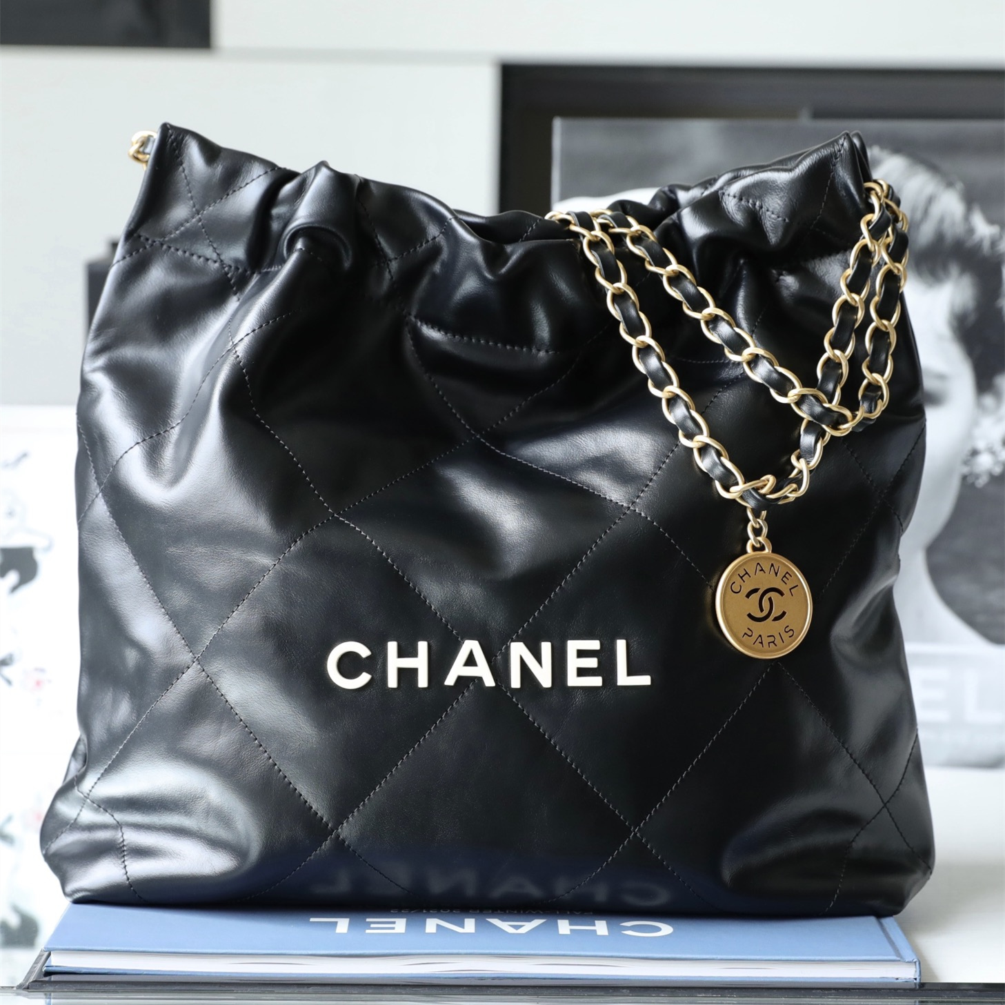 Chanel Shopping Bag Small Black and Gold with White Buckle