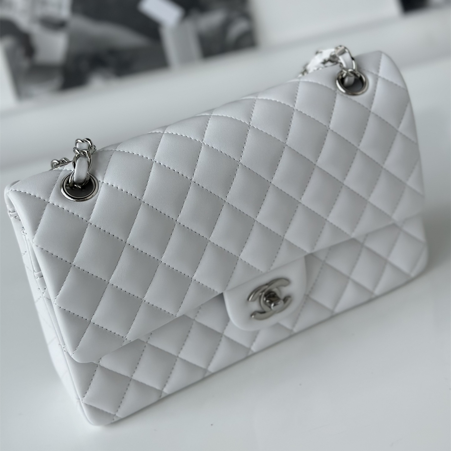 Chanel Flap Bag Lambskin White with Silver Hardware