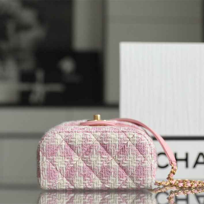 Chanel 23S Tweed Handle Crush Vanity Case Pink & White