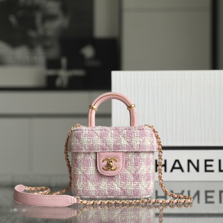 Chanel 23S Tweed Handle Crush Vanity Case Pink & White