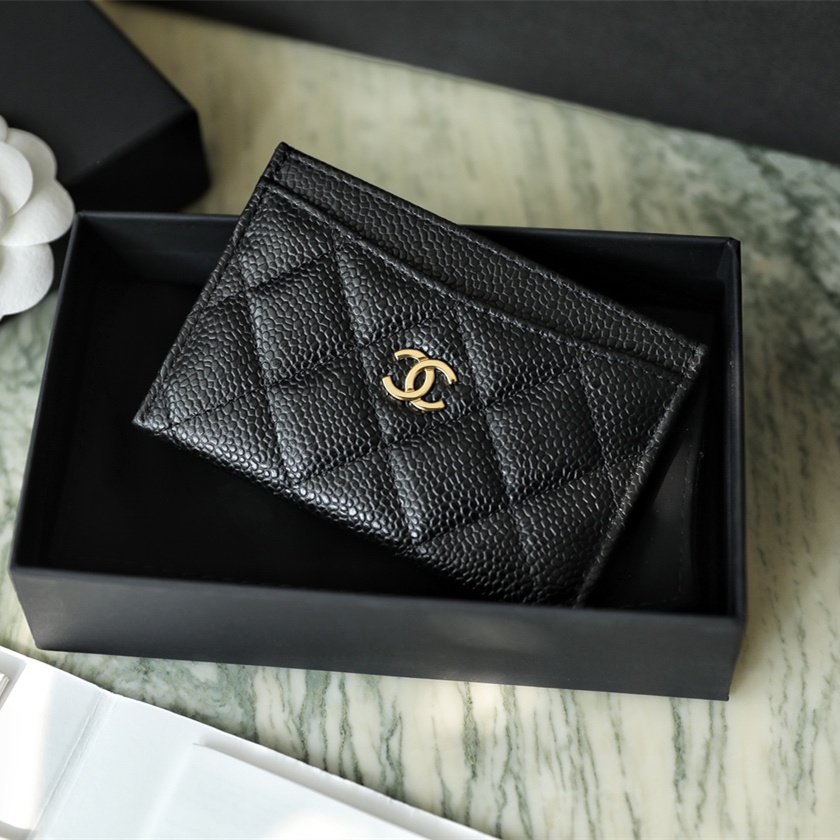 Chanel caviar card holder black gold