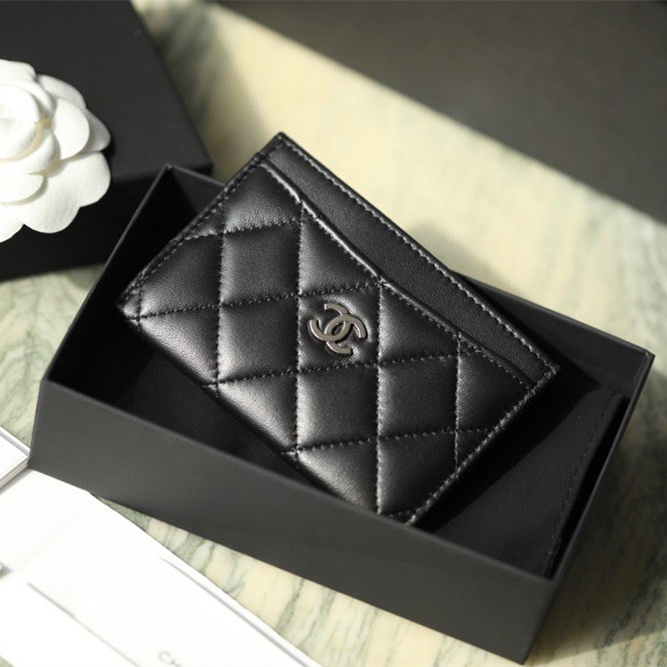 Chanel card holder classic lambskin black silver