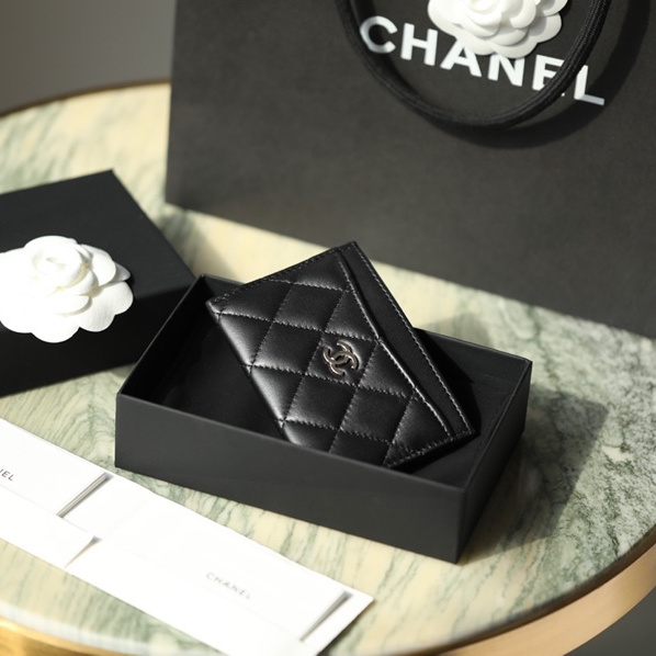 Chanel card holder classic lambskin black silver