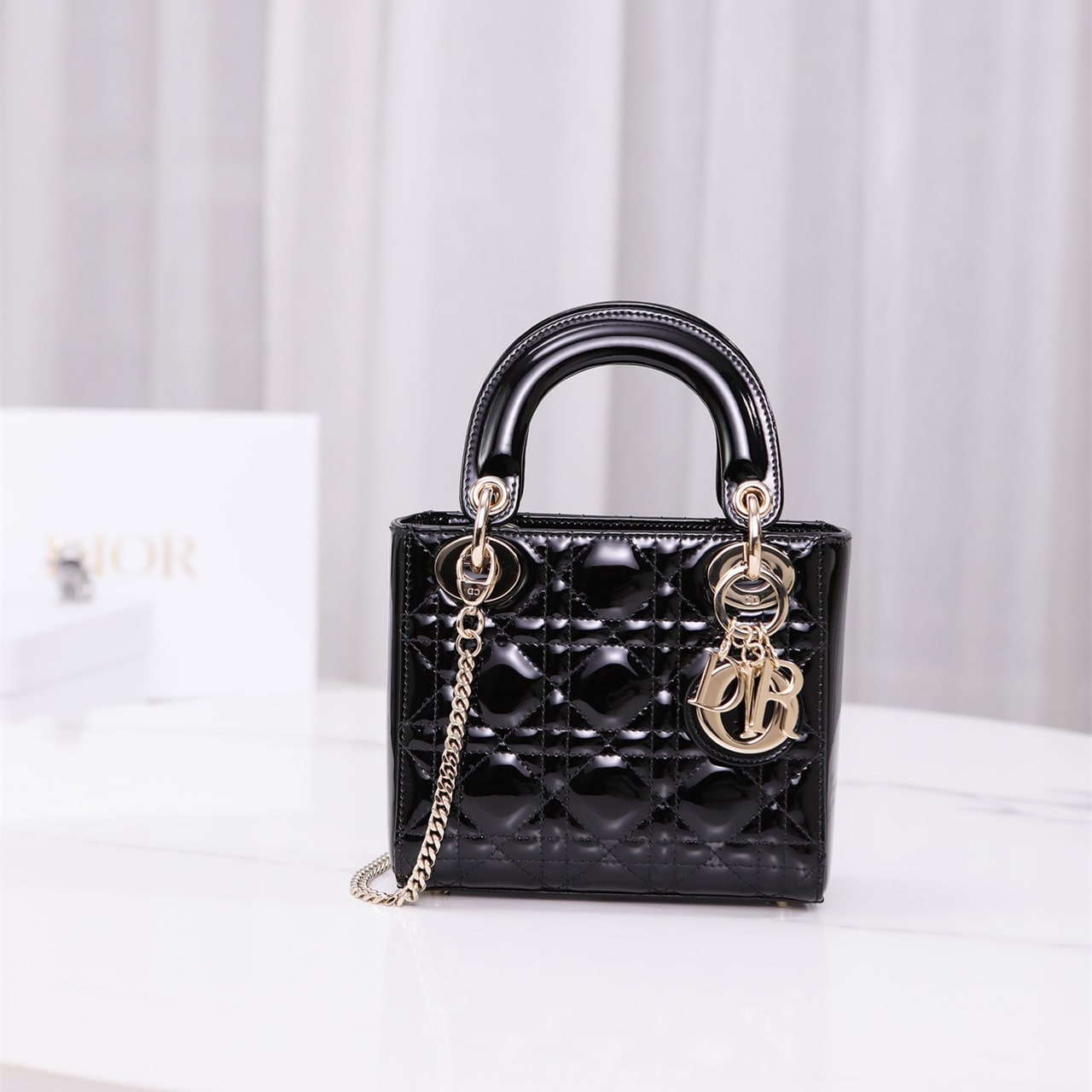 Dior Lady Dior Bag Patent Calfskin Light Gold Hardware Mini